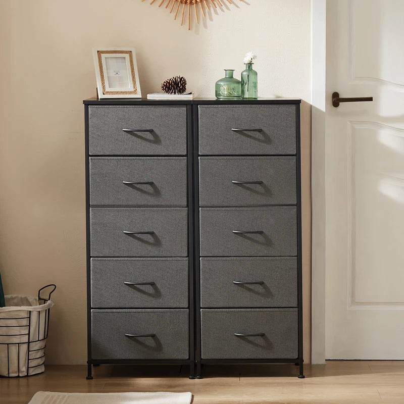 5-Drawer Fabric Storage Cabinet with Wooden Top - Tall Closet Organizer