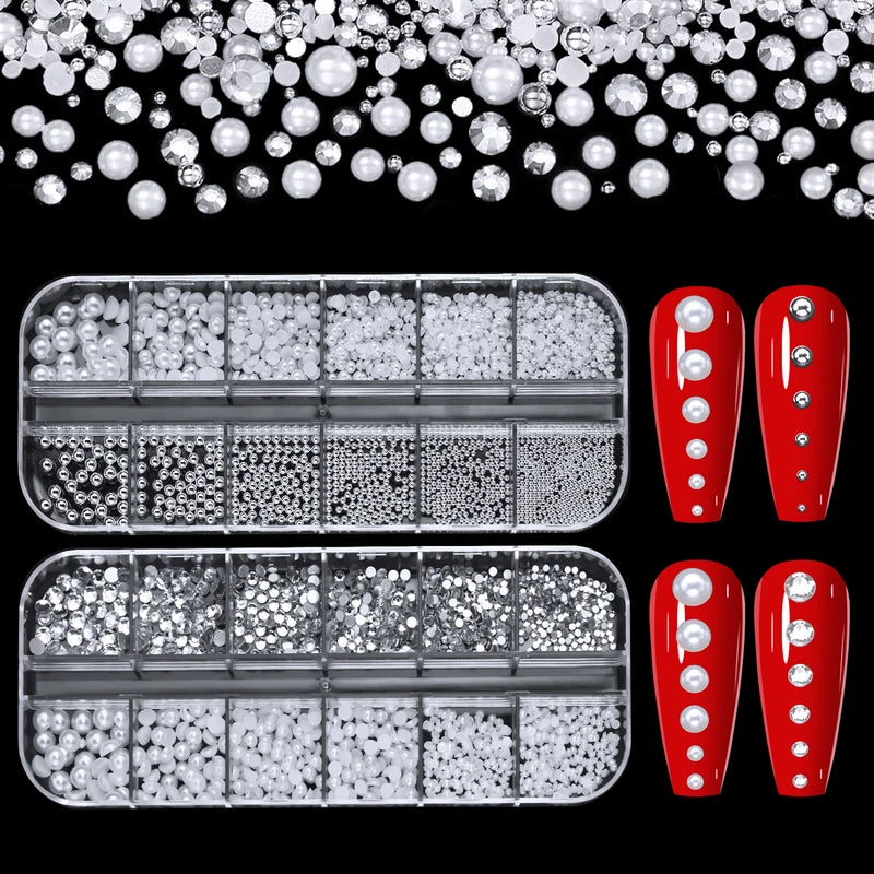 12-Grid Round Pearl White Nail Rhinestones and Caviar Beads for Nail Art