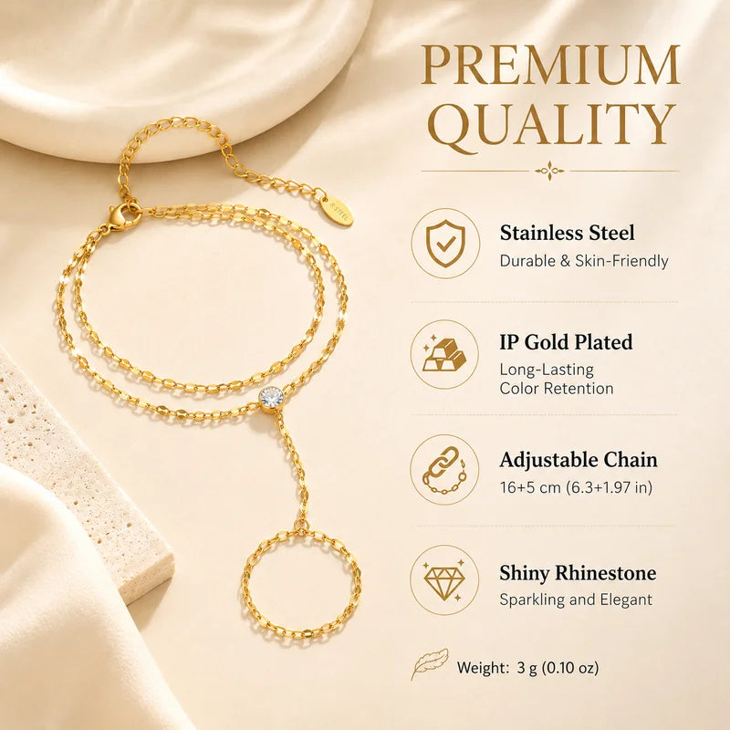 Adjustable Gold Plated Stainless Steel Hand Chain Ring Bracelet for Women - Summer Party Jewelry