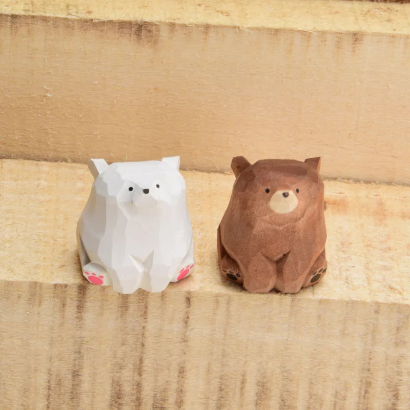 Wooden Bear Miniatures Set - Carved Solid Wood Figurines for Crafts & Decor