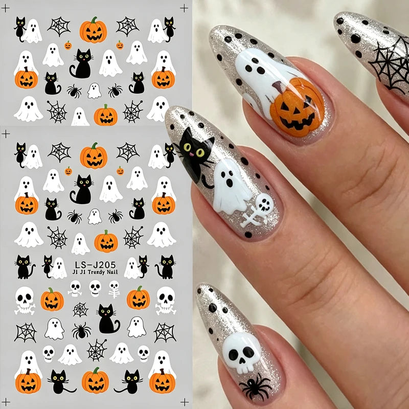 Halloween Nail Stickers Cartoon Ghost Pumpkin Spider Web Designs, Autumn Nail Decals