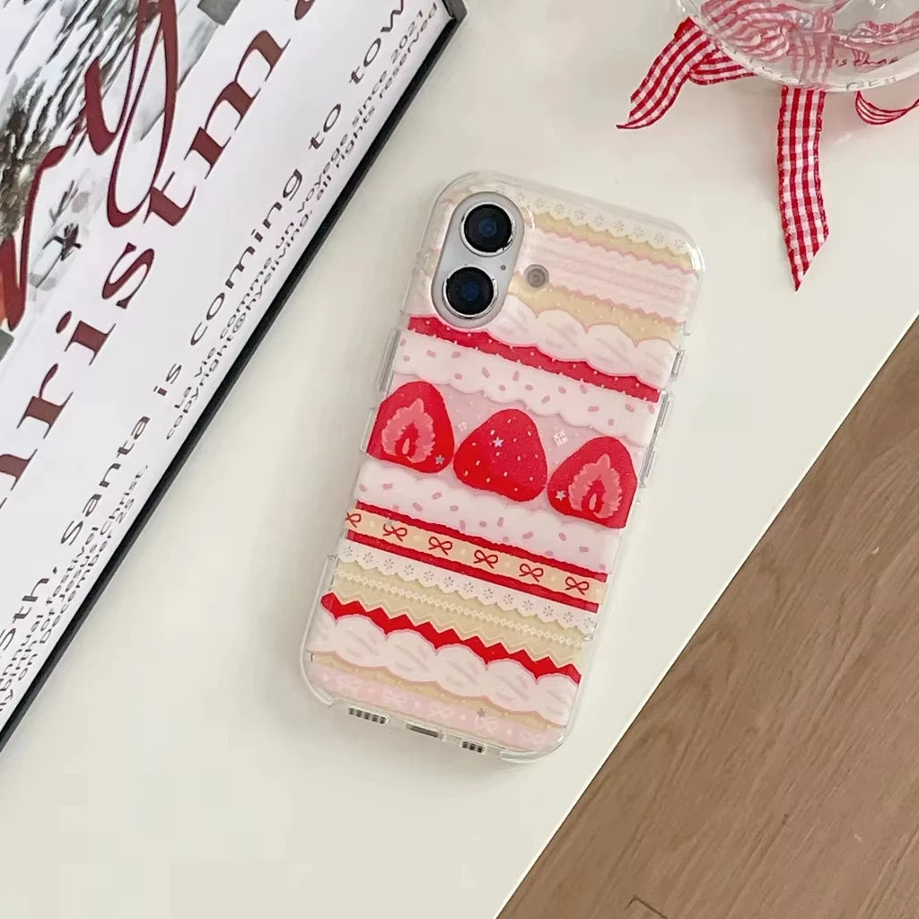Cream Strawberry Cake Lace Bowknot Phone Case for iPhone - Shockproof Silicone Cover