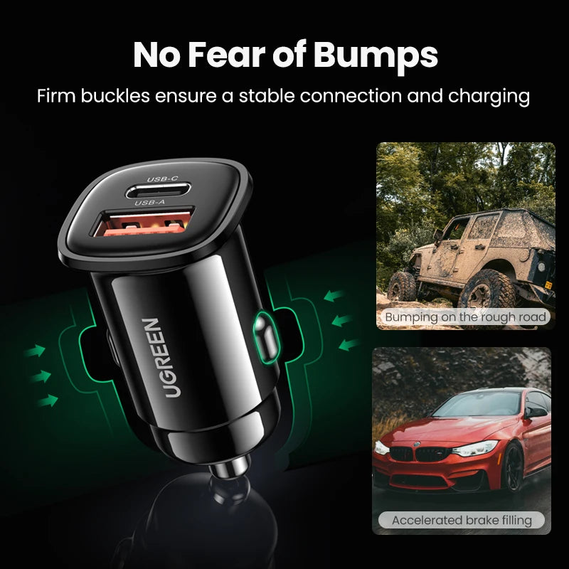Fast USB Car Charger 30W Dual Quick Charge 4.0 Type C & USB-A for Smartphone