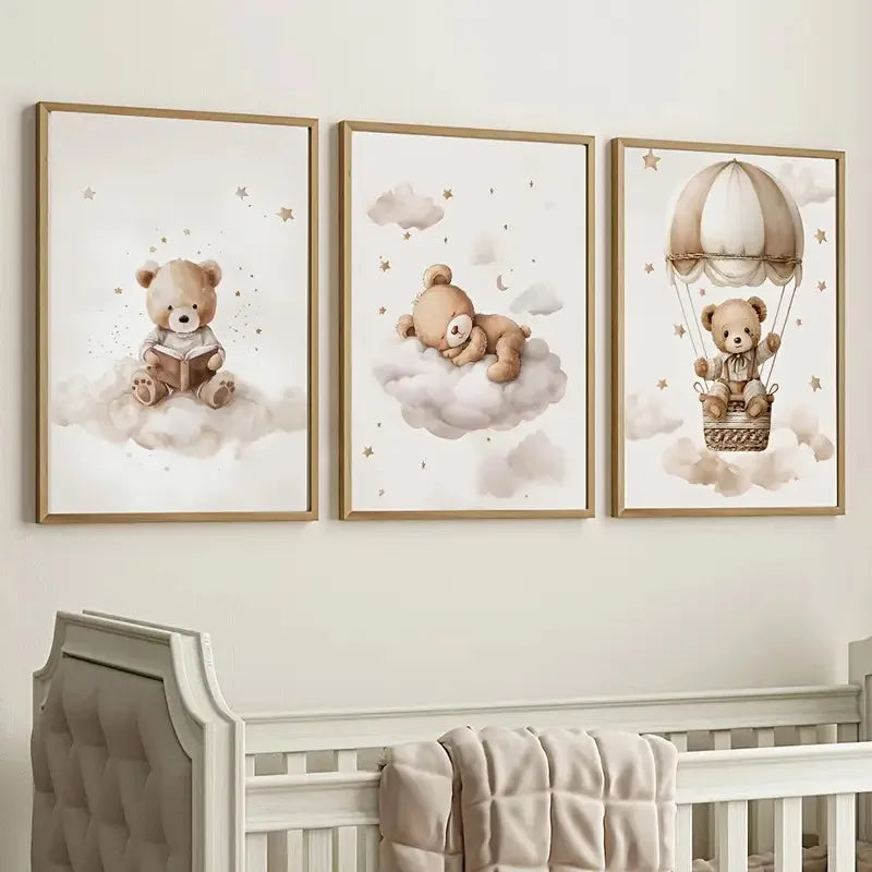 Bohemian Style Teddy Bear Animal Wall Art Posters - Nursery Canvas Prints for Kids Room Decor