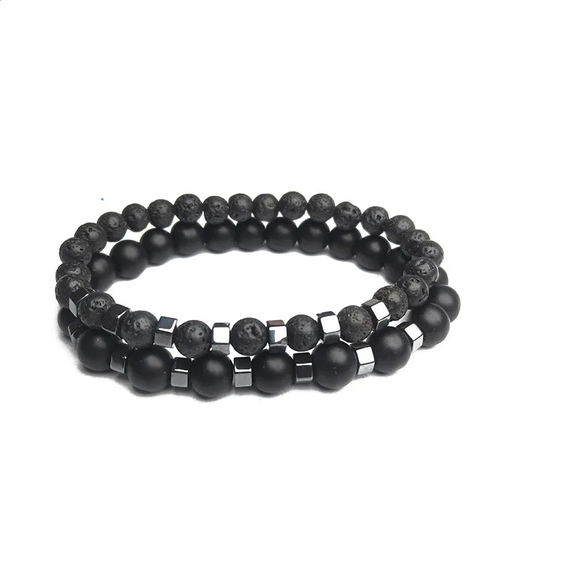 Men's Beaded Bracelet Set - Frosted Black Volcanic Stone Double Layer Jewelry