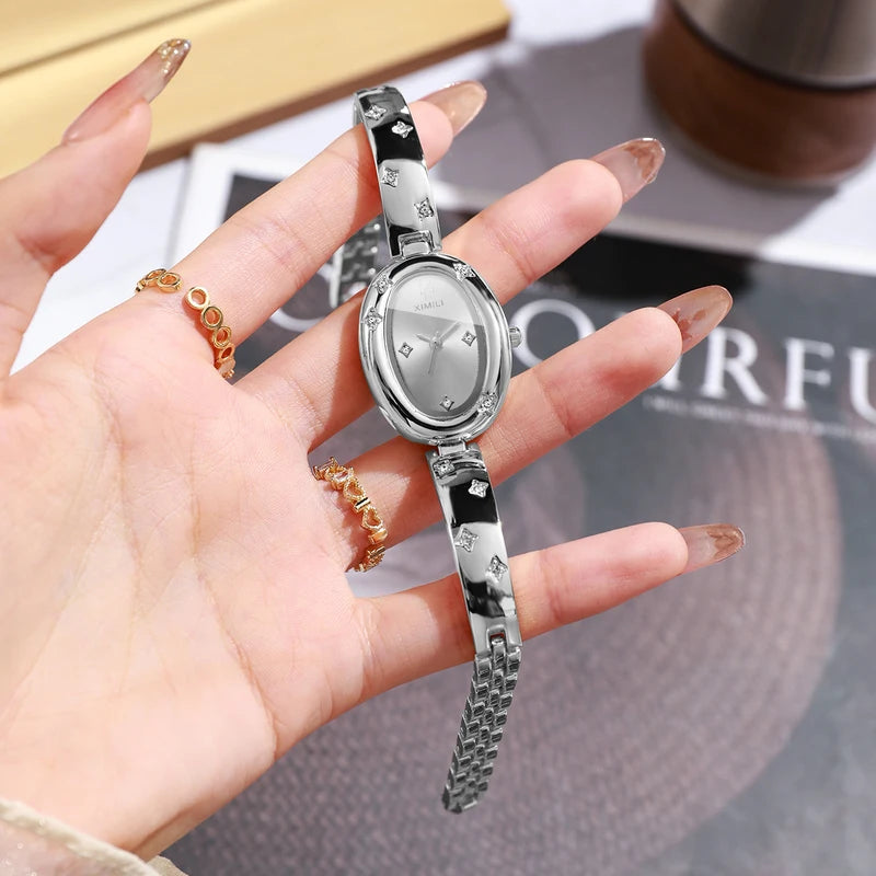Elegant Oval Dial Women's Quartz Watch with Rhinestone Bracelet - Multiple Colors