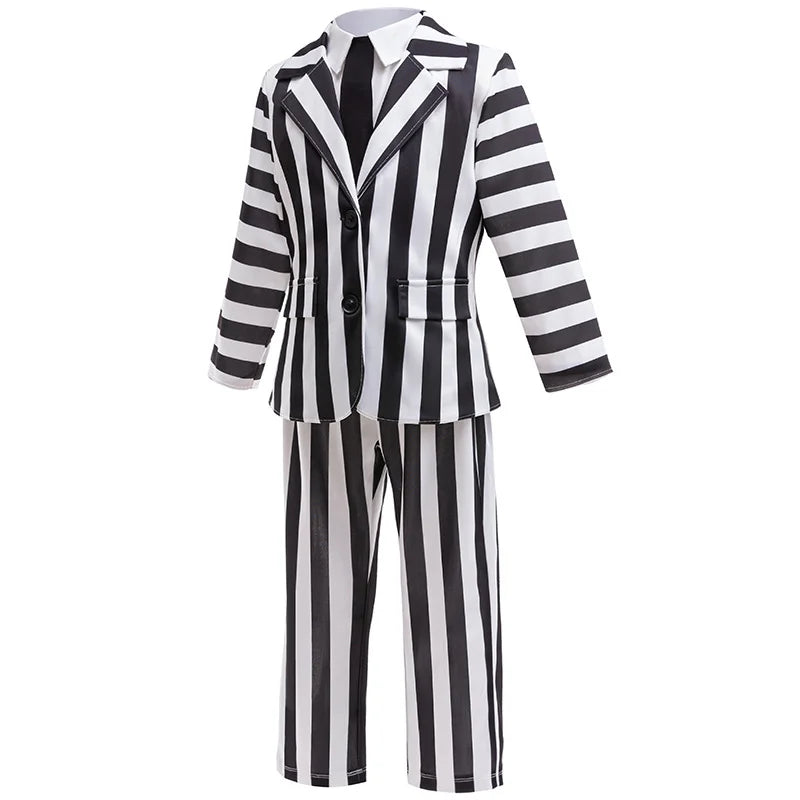Kids Halloween Cosplay Costume Boys Girls Black and White Striped Coat and Pants