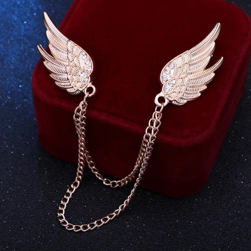 Crystal Angel Wing Brooch Lapel Pin Chain Accessories for Men Women