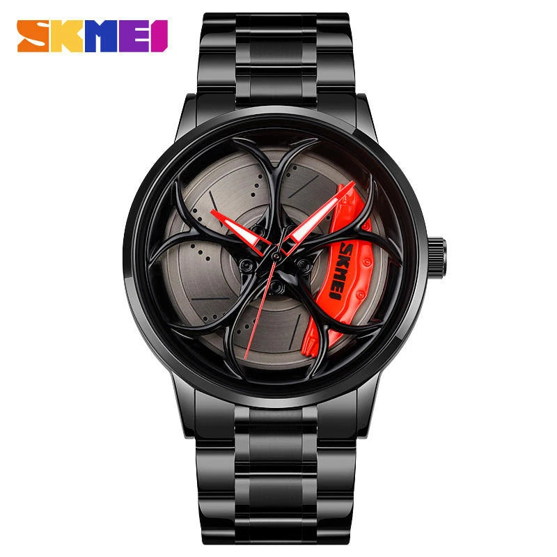 Men's Quartz Watch with Rotating Car Wheel Dial Waterproof Sports Racing Style