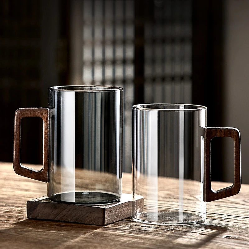400ml Heat-Resistant Glass Cup with Walnut Handle for Tea and Coffee - Multiple Colors
