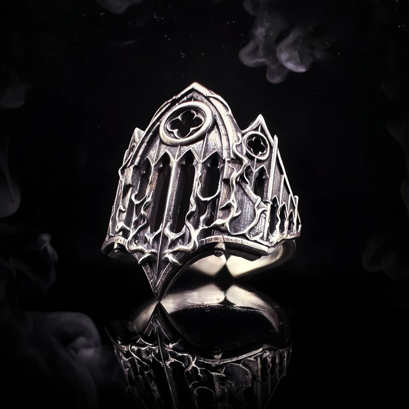 Retro Gothic Cathedral Open Ring for Men Silver-Plated Brass Dark Indie Jewelry