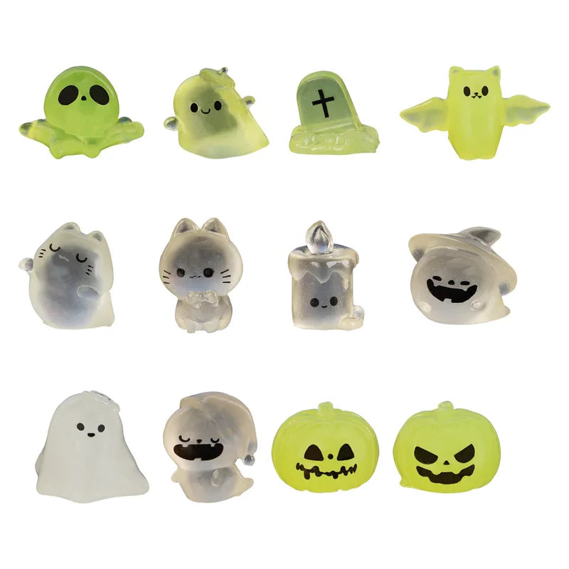 12pcs Mini Luminous Halloween Figurines - Cat Ghost Pumpkin Bat Skull Glow in Dark Micro Landscape Decorations