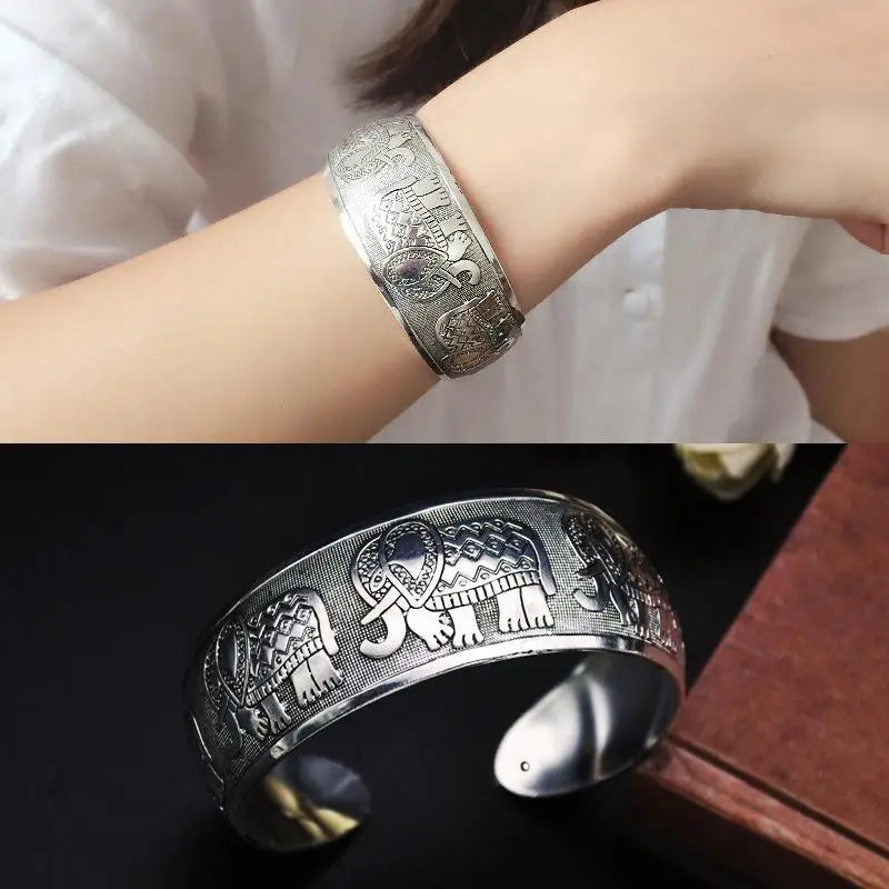 Bohemian Ethnic Wide Silver Bracelet for Women Carved Flower Fashion Jewelry