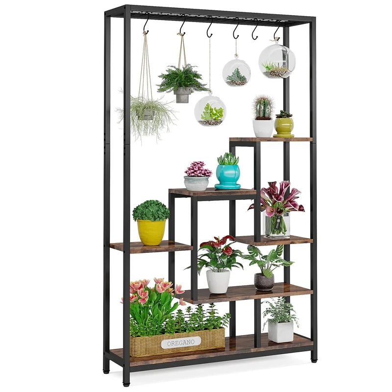 Tall Indoor Plant Stand 5-Tier Metal Shelving Unit with Hanging Hooks - Large Garden Display Rack
