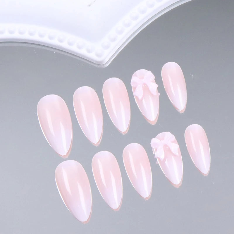 24PCS Almond Press-On Nails with Pink Bow Designs - Glossy Fake Nails for Women and Girls