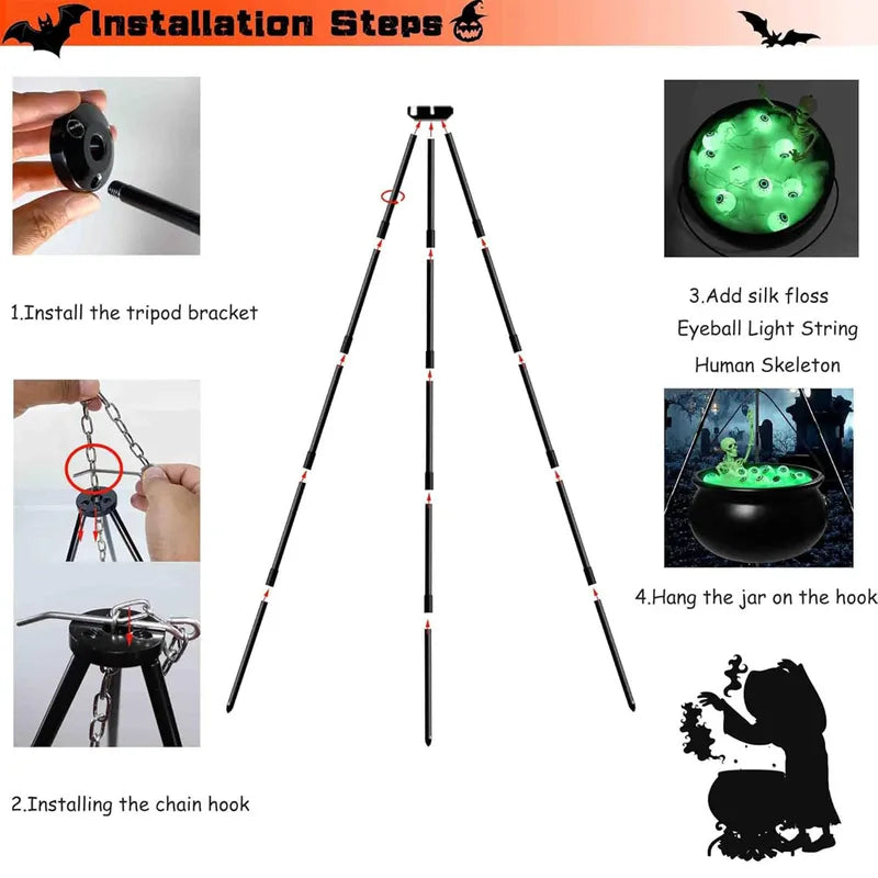 Halloween Witches Cauldron with Tripod, Green Eyeballs, Skeleton & Lights - Outdoor Yard Decor