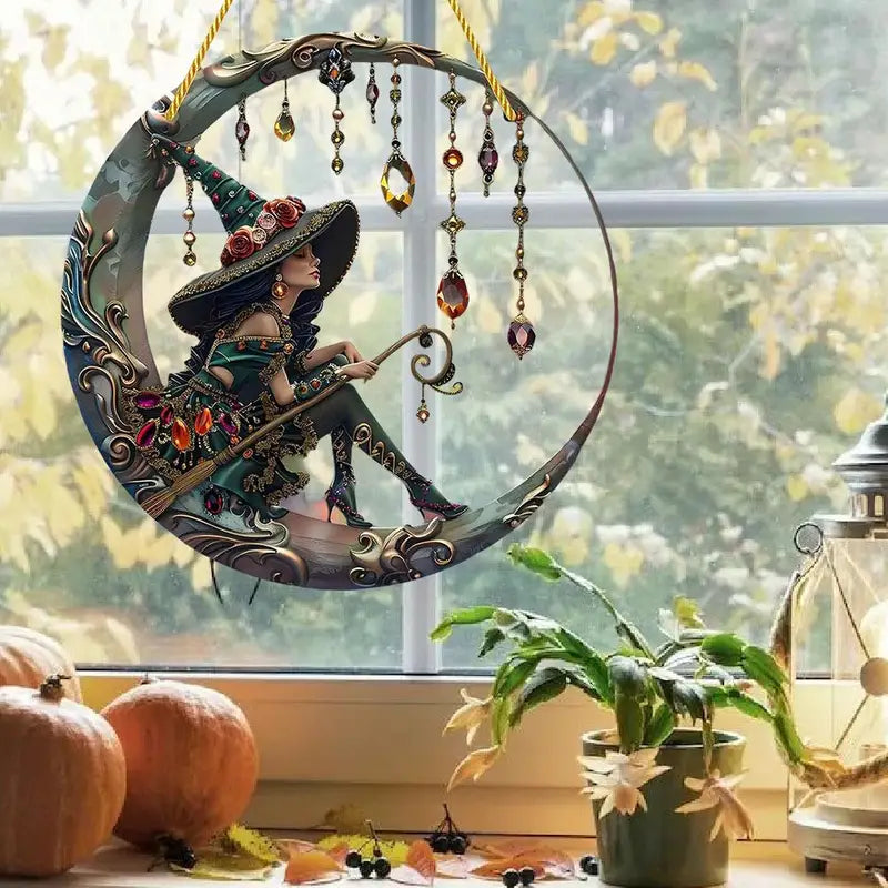 8x8 Inch Moonlight Witch Stained Glass Window Hanging Sun Catcher Wall Art