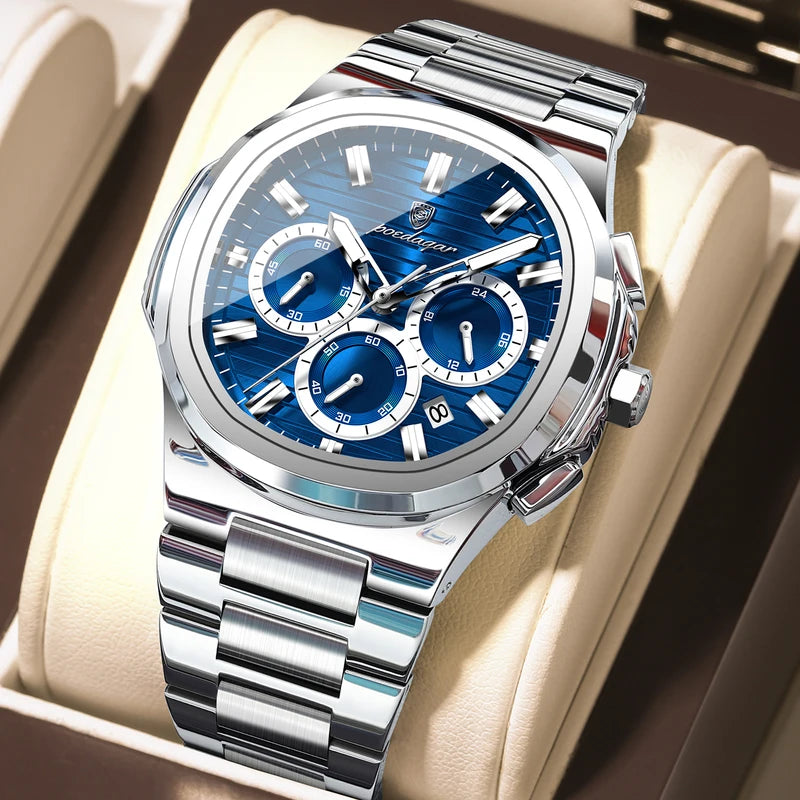 Men's Waterproof Chronograph Wristwatch with Luminous Dial and Date - Stainless Steel
