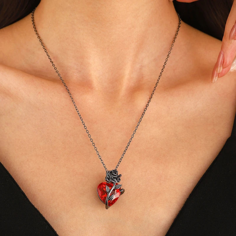 Gothic Rose Red Heart Necklace for Women Y2K Grunge Jewelry Dainty Pendant