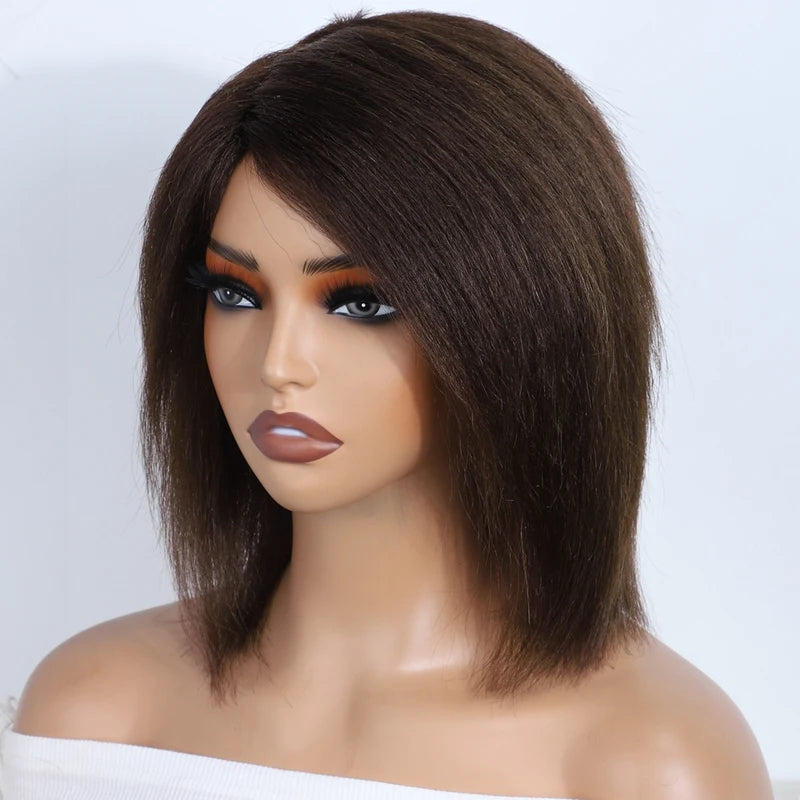 Kinky Straight Bob Wigs for Women 12 Inch Human Hair Natural Brown