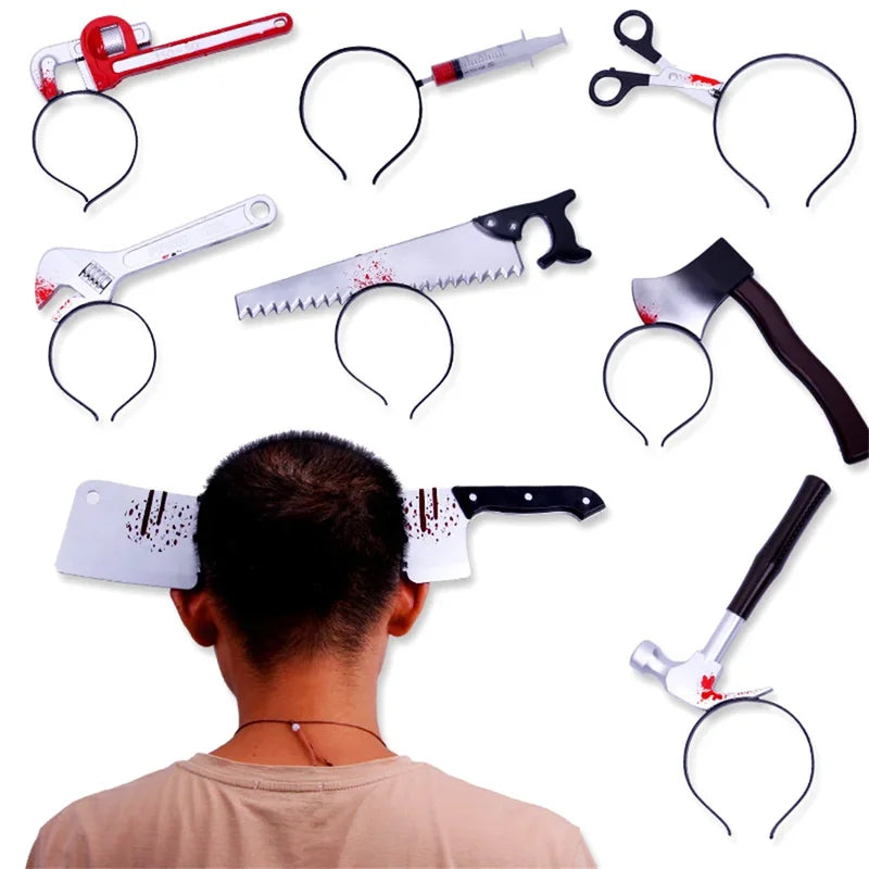Halloween Horror Fake Blood Prop Knife Ax Saws Headband Party Decoration