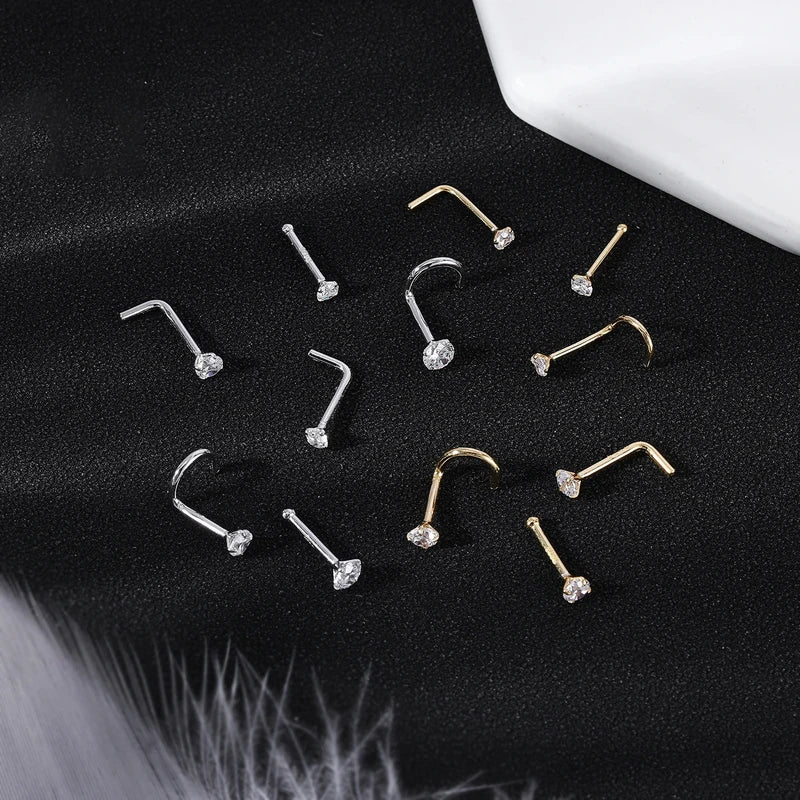 Gold Color Nose Stud with Cubic Zirconia Crystal - Body Piercing Jewelry