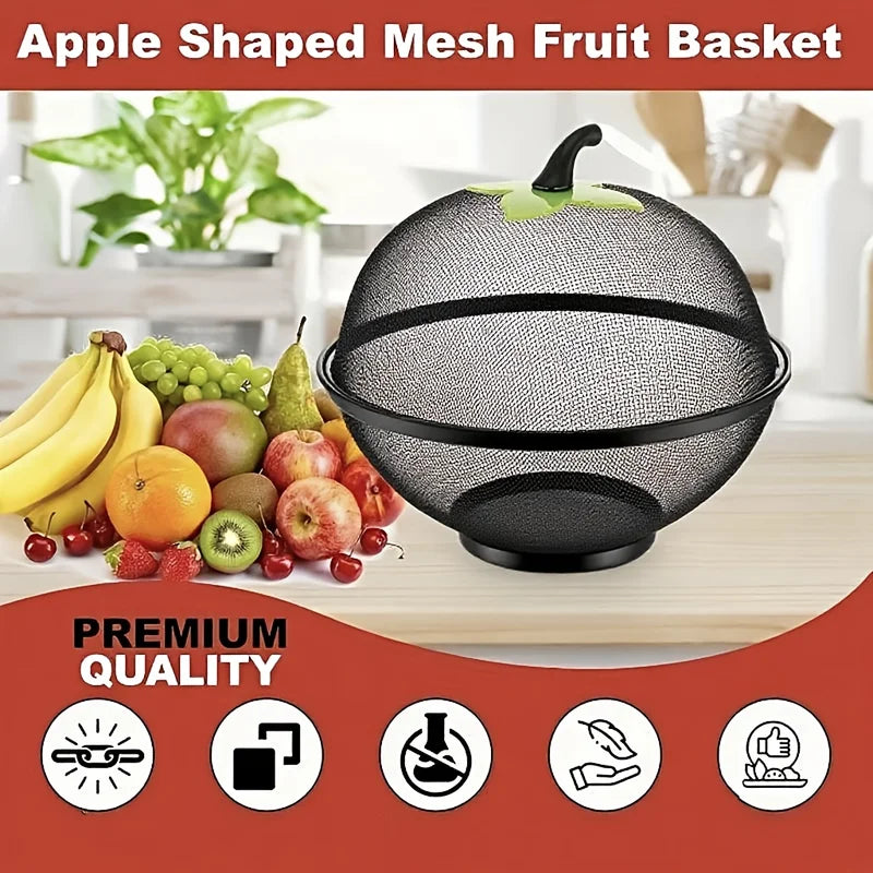 Heavy-Duty Metal Fruit Basket with Mesh Lid - Apple-Shaped Food Storage Container