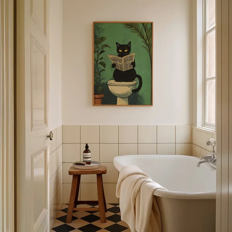 Funny Black Cat Bathroom Wall Art Canvas Poster - Animal Toilet Decor for Living Room Bedroom Home