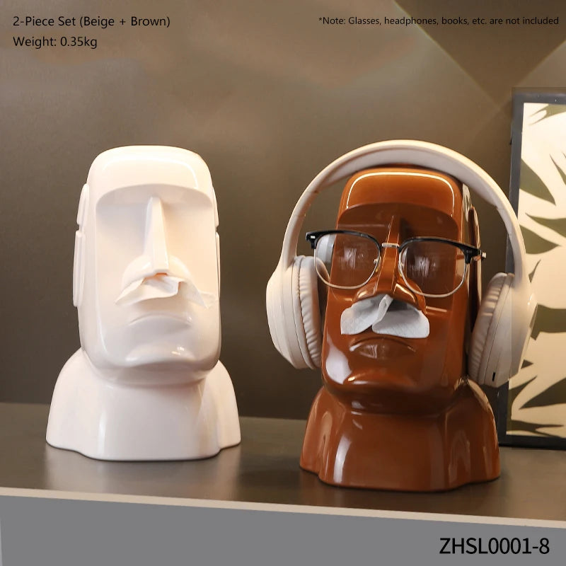 Creative Moai Stone Statue Tissue Box & Earphone Holder - Decorative Home Ornament