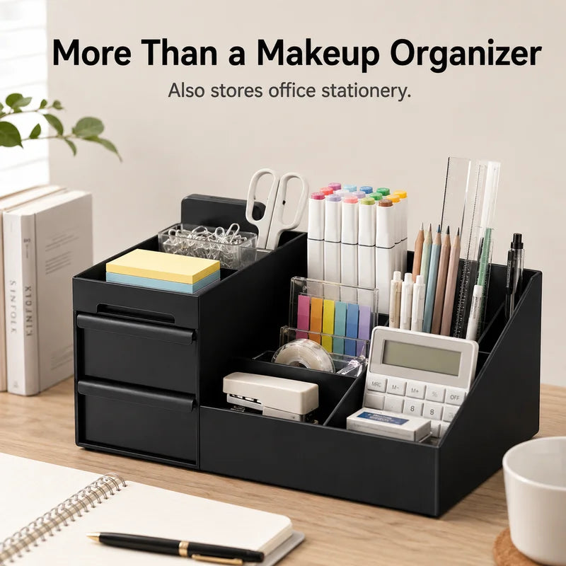 Desktop Makeup Organizer with Drawers - Black Cosmetic Storage Box for Vanity