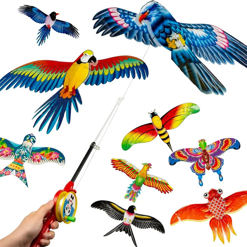 Kids Outdoor Mini Animal Kite with Foldable Fishing Rod - Butterfly Parrot Swallow