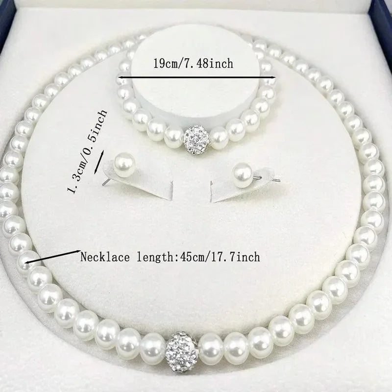 Imitation Pearl Fireball Jewelry Set with Necklace Bracelet Earrings - Silver or Gold Color