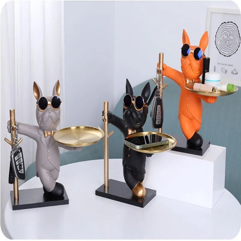 Dog Sculpture Storage Box with Tray - Resin Bulldog Decor for Table or Entryway
