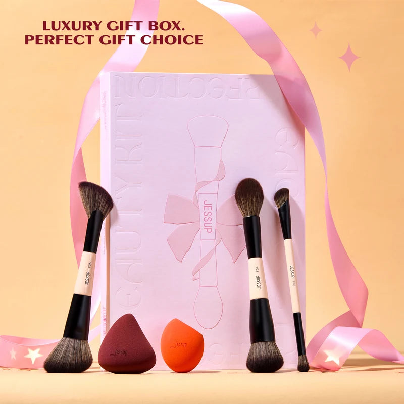 Professional Makeup Brush Set with Sponge - 14pcs Double Sided Face & Eye Brushes, Gift Box