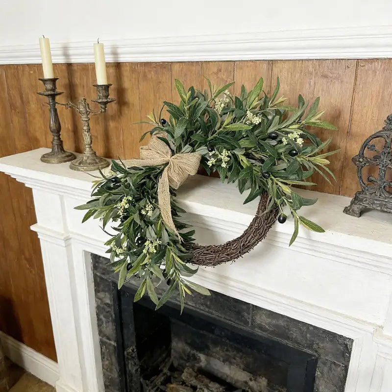 Artificial Greenery Spring Wreath with Olive Leaves and Bow for Front Door & Indoor Decor