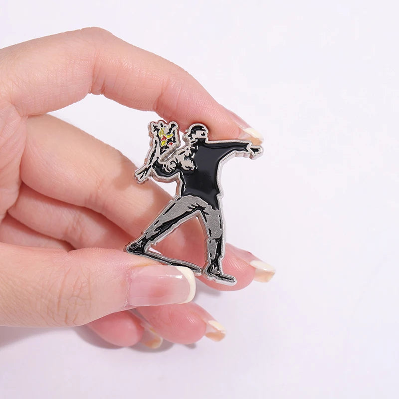 Banksy Art Design Brooch Enamel Pin with Flower Thrower & Girl Badge - Jewelry Gift