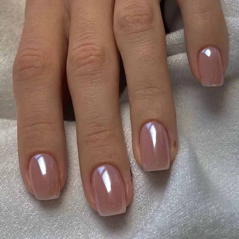 24Pcs Short French Fake Nail Tips with Aurora Glitter & Jelly Stickers