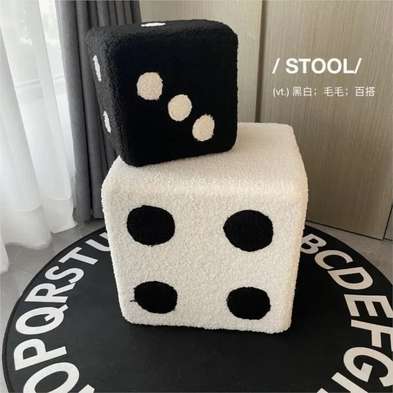 Cubic Imitation Lamb Wool Shoe Stool — Creative Dice-Shaped Wooden Furniture