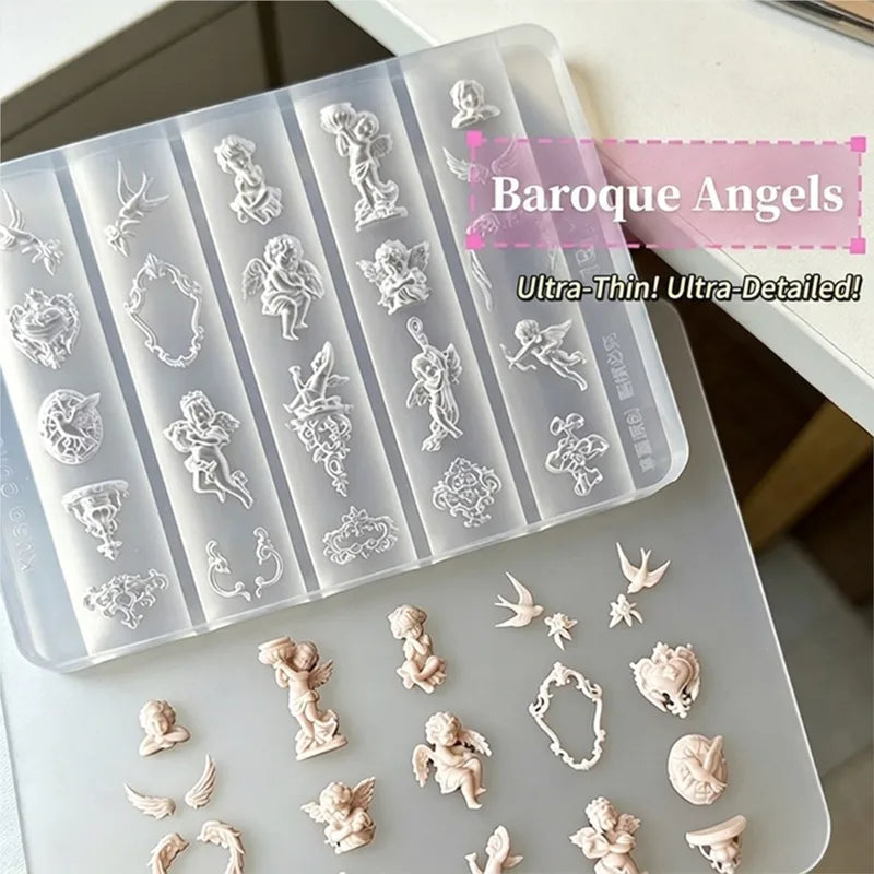 Cute Angel Silicone Nail Stencil Mold Retro Baroque Cupid Designs 3D Sculpting Template