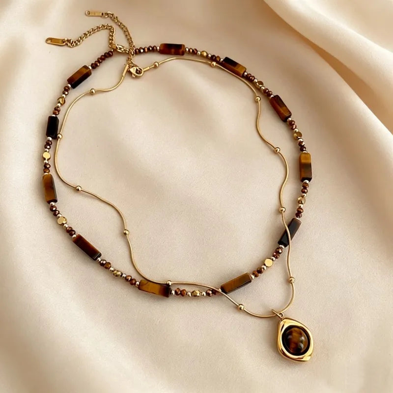 Retro Tiger Eye Pendant Necklace for Women Jewelry Layered Collarbone Chain