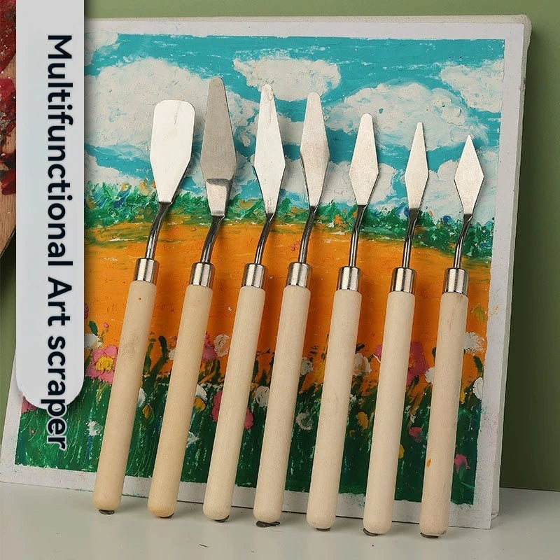 Art Oil Painting Spatula Palette Knife Set - Wooden Flat Head & Pointed Steel Pick