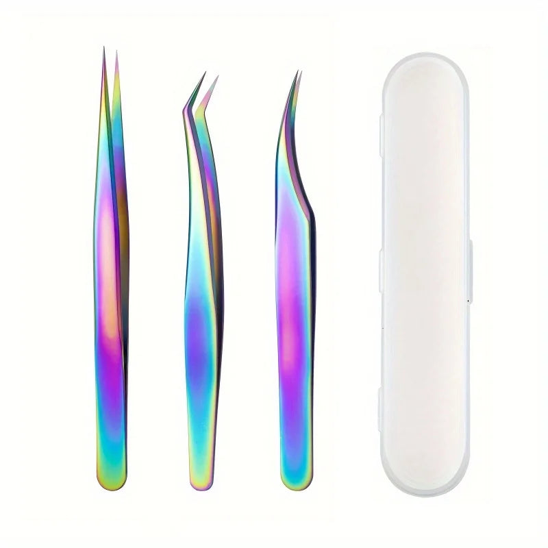 Stainless Steel Eyelash Tweezers Set with Box - Precision Makeup Tool for Women, 3 Pieces