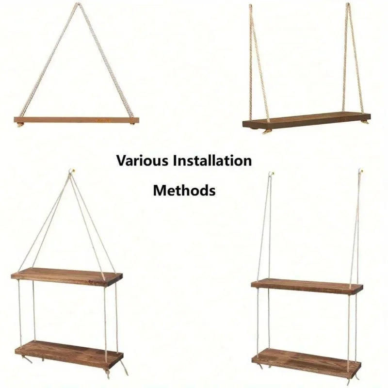 Wooden Hanging Shelf Rope Wall Mount for Plants & Decor - Natural Recycled Wood