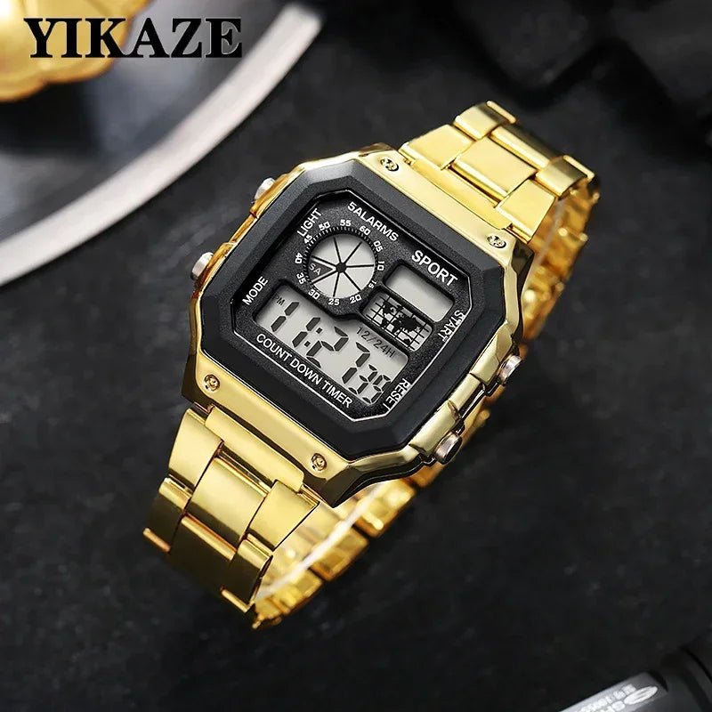 Men's Digital Sports Watch Waterproof LED Stainless Steel Strap Military Style