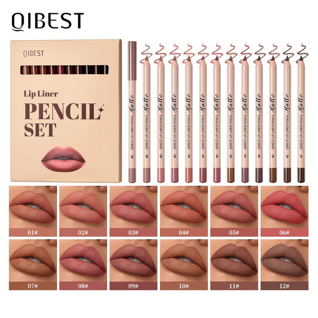 12-Color Waterproof Lip Liner Set - Matte Lipstick & Lip Contour Pencils
