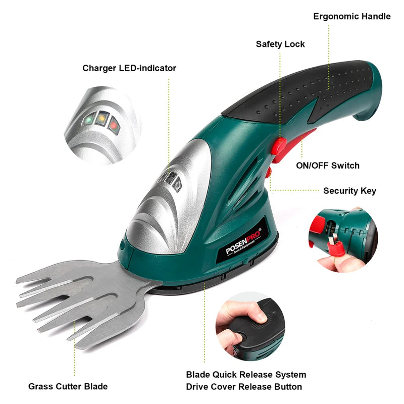 Cordless 2-in-1 Grass and Hedge Shears with 7.2V Battery and Dual Blades