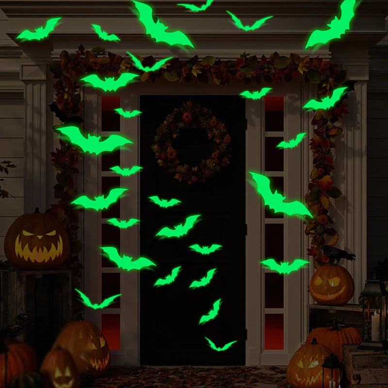 Glow Halloween Wall Stickers - 16pcs Glow in the Dark Bat Window Decals for Haunted House & Holiday Decor