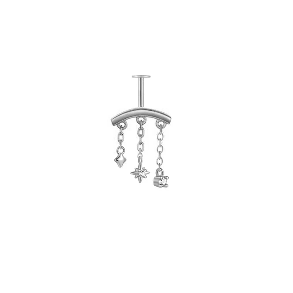 Sterling Silver CZ Star Ear Piercing Stud with Chain for Women - Fine Jewelry