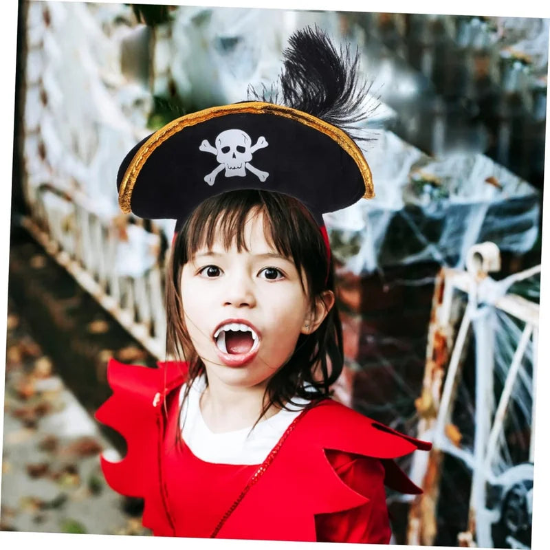 Pirate Hat Headband with Skull Crossbones & Black Feather Halloween Costume Accessory