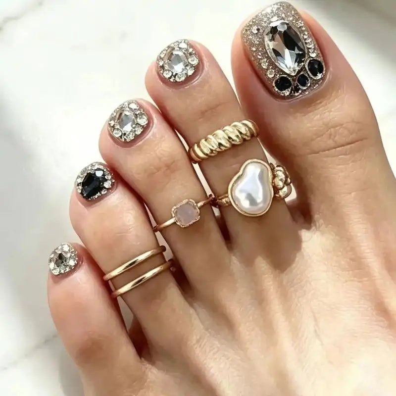 Adjustable Toe Rings Set for Women - Pearl Inlay Open Foot Jewelry